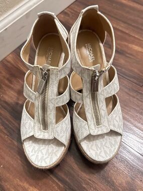 Michael Kors Ivory Logo Zip Wedge Sandals